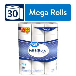 Great Value Premium Toilet Paper, 30 Mega Rolls, 380 Sheets per Roll – $16.97